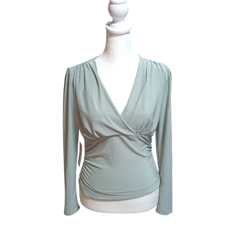 NWT Mynta Elegant Blouson Blouse in Light Green Women's S Petite Faux Wrap Top